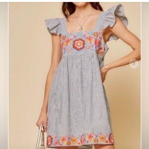 Savanna Jane Embroidered Stripe Flutter Sleeves Babydoll Dress